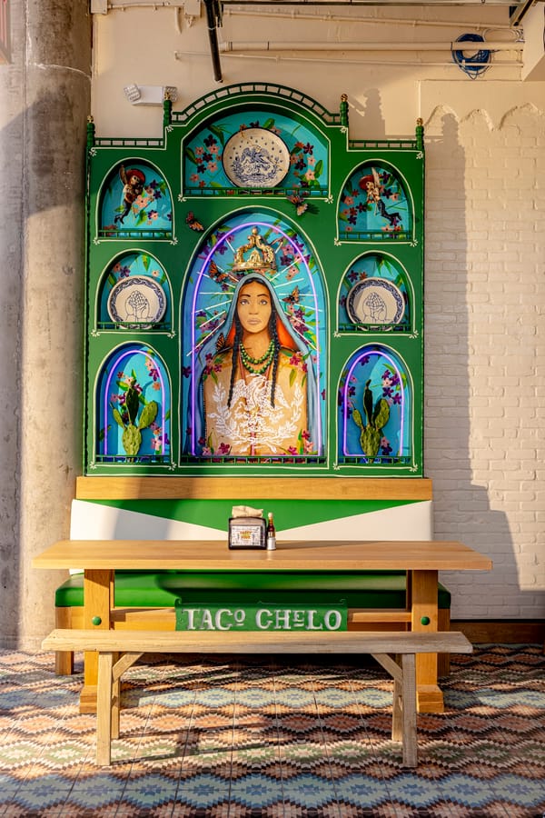 Taco Chelo Tempe - Retablo Bench With Logo - photo courtesy of J Lauren PR