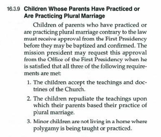 2010 LDS policy about children of polygamy