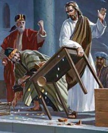 Jesus kicking over moneychangers