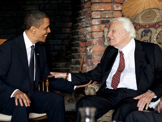 web Handout photo of U.S. President Obama meeting with the Rev. Billy Graham at his house in Montreat