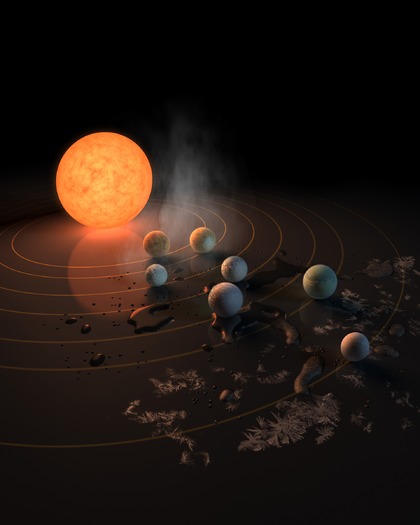 PRINT The TRAPPIST-1 star, an ultra-cool dwarf, has seven Earth-size planets orbiting it. This artist's concept appeared on the cover of the journal Nature in Feb. 2017 announcing new results about the system.