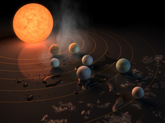 WEB The TRAPPIST-1 star, an ultra-cool dwarf, has seven Earth-size planets orbiting it. This artist's concept appeared on the cover of the journal Nature in Feb. 2017 announcing new results about the system.