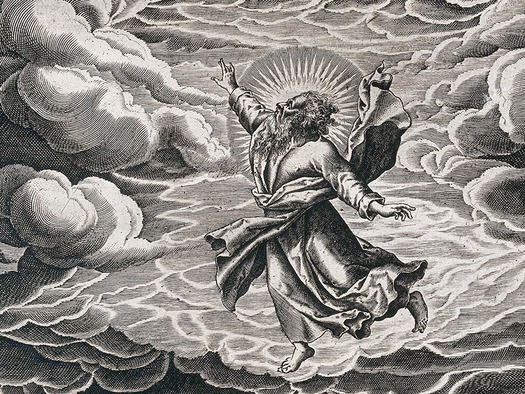 WEB God, suspended in the clouds, creates light. Line engraving