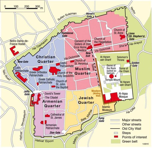 A map of the religious quarters that make up the Jerusalem Old City.