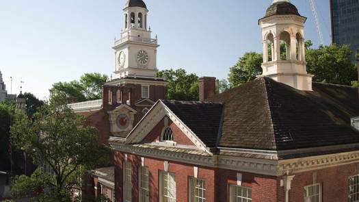 Independence Hall and Congress Hall aerial pan