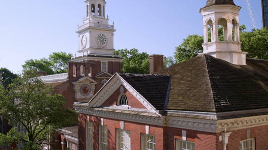 Independence Hall and Congress Hall aerial pan