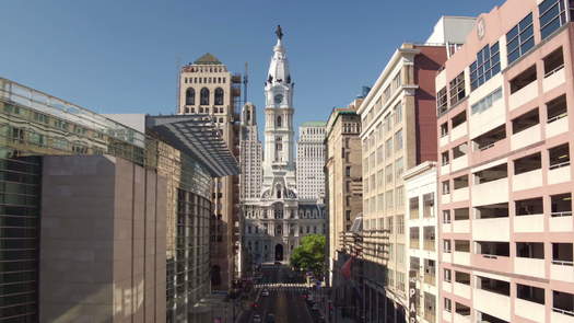 City Hall aerial flyover North Broad