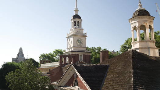 Independence Hall and Congress Hall aerial pan