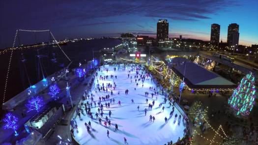 Winterfest - wide aerial - Skaters on rink at Penns Landing