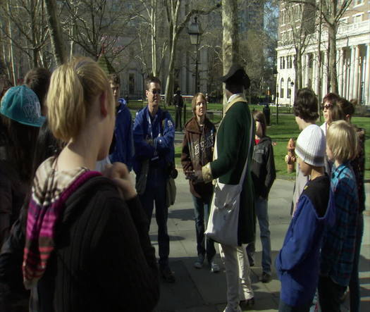 Independence Hall, colonial character talking to crowds