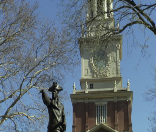 Independence Hall tower pan down Commodore Perry