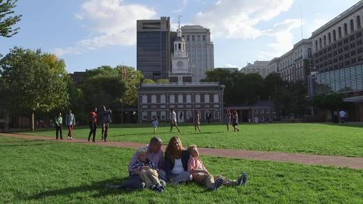 Independence Mall, family on lawn