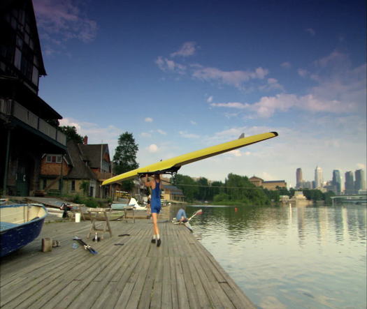 Boathouse Row, rower taking shell inside