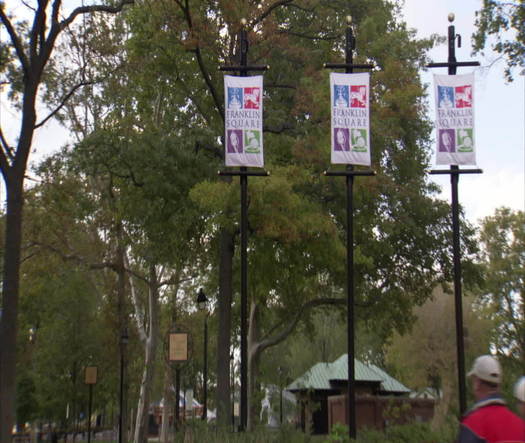 Franklin Square banner pan out to entrance