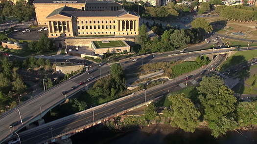 Schuylkill River Aerial with Paines Park, Waterworks, and Boathouse Row