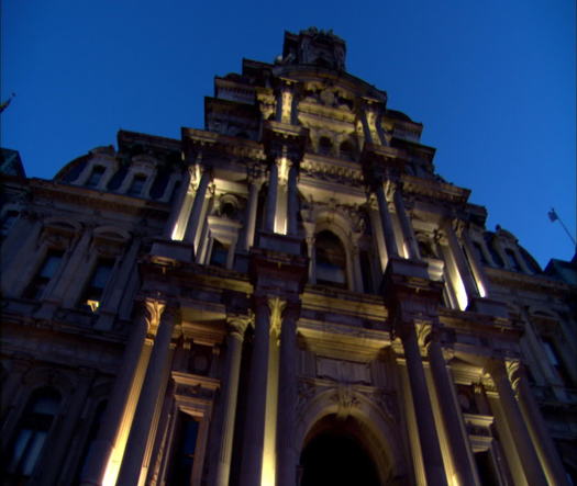 City Hall, ground level CU dusk