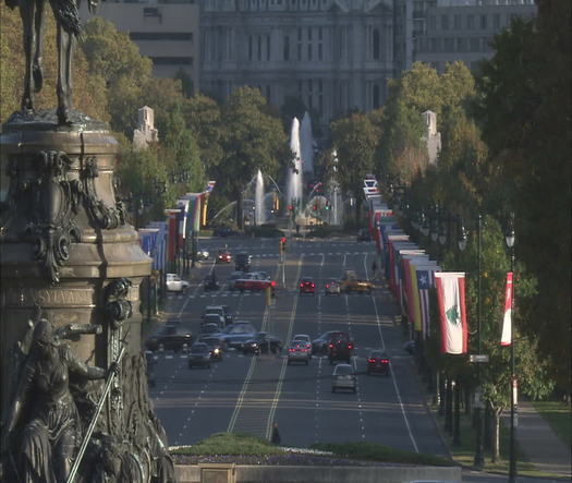 Benjamin Franklin Parkway view toward Logan Circle with flags