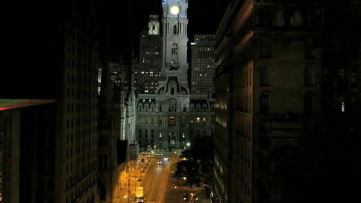 Pennsylvania Convention Center exterior drone at night