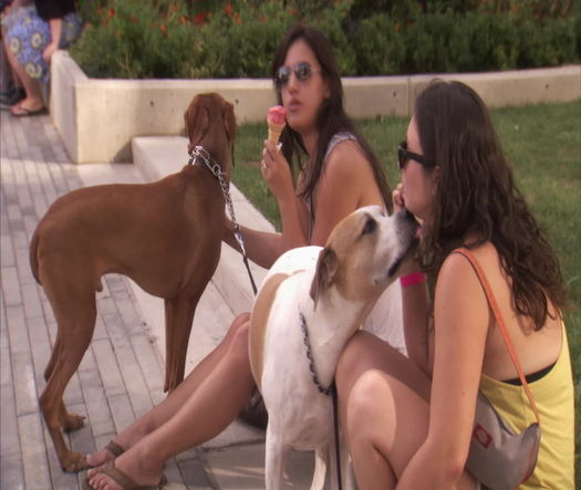Park girls eating ice cream dog