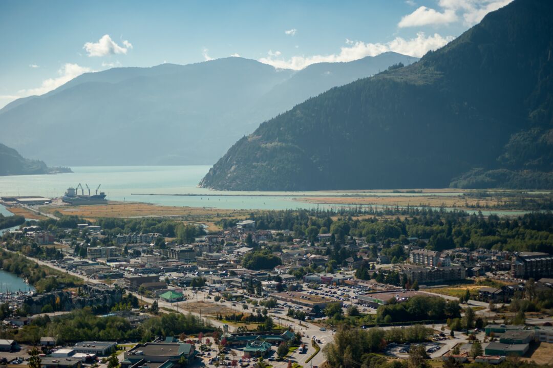 Aerial Downtown Squamish (from Smoke Bluffs)