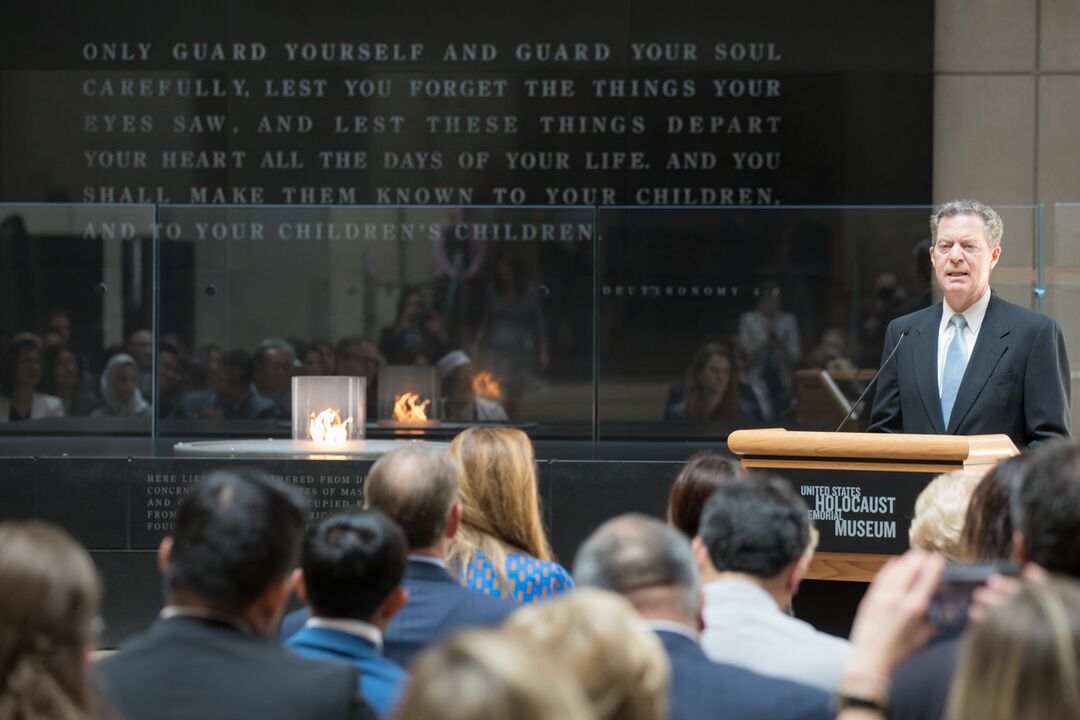 15 July 2019, Participants of the 2019 International Religious Freedom (IRF) Ministerial tour the Permanent Exhibition and hold a ceremony in the Hall of Remembrance.