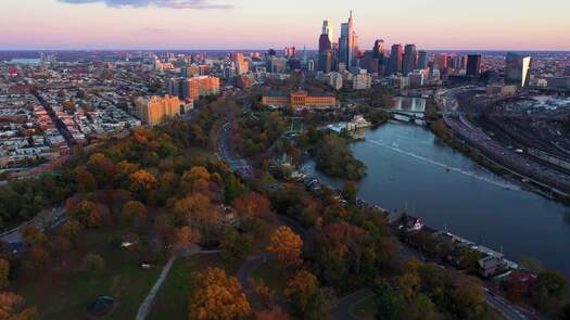 Philadelphia skyline from behind Art Museum