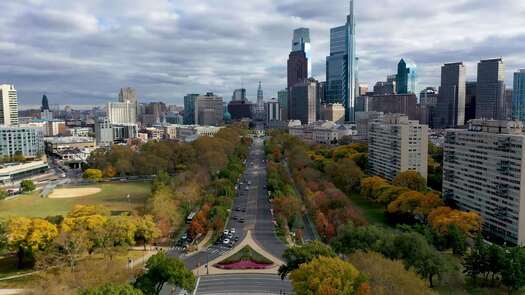 Center City skyline fall from Ben Franklin Parkway