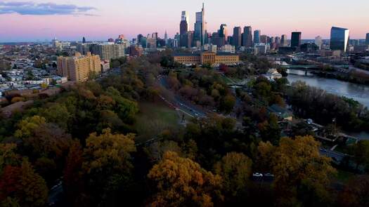 Philadelphia skyline from behind Art Museum