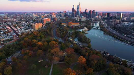 Philadelphia skyline from behind Art Museum