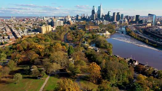 Philadelphia skyline from behind Art Museum