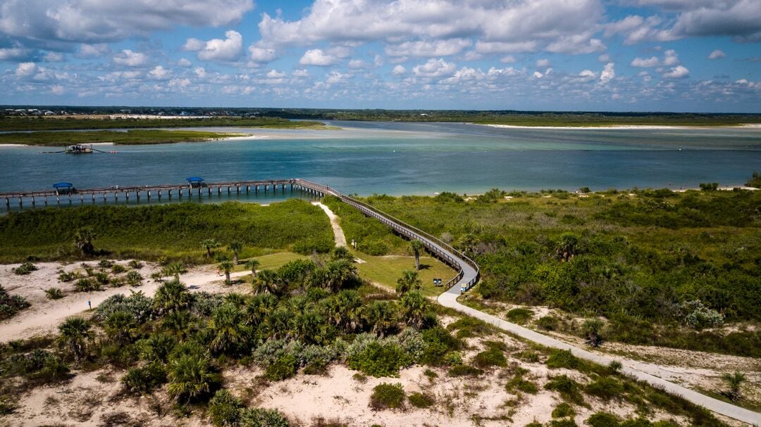 Aerial NSB Dune Park and fishing pier O'Connor