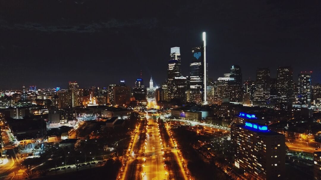 Philly Shines Blue, Skyline with City Hall and Comcast Technology Center