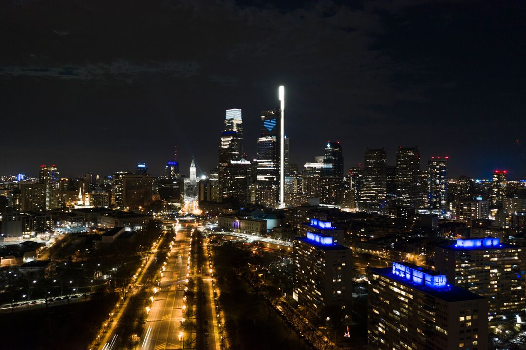 Philly Shines Blue, Skyline with City Hall and Comcast Technology Center