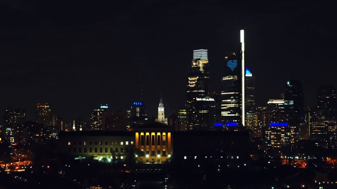 Philly Shines Blue, Skyline with City Hall and Comcast Technology Center