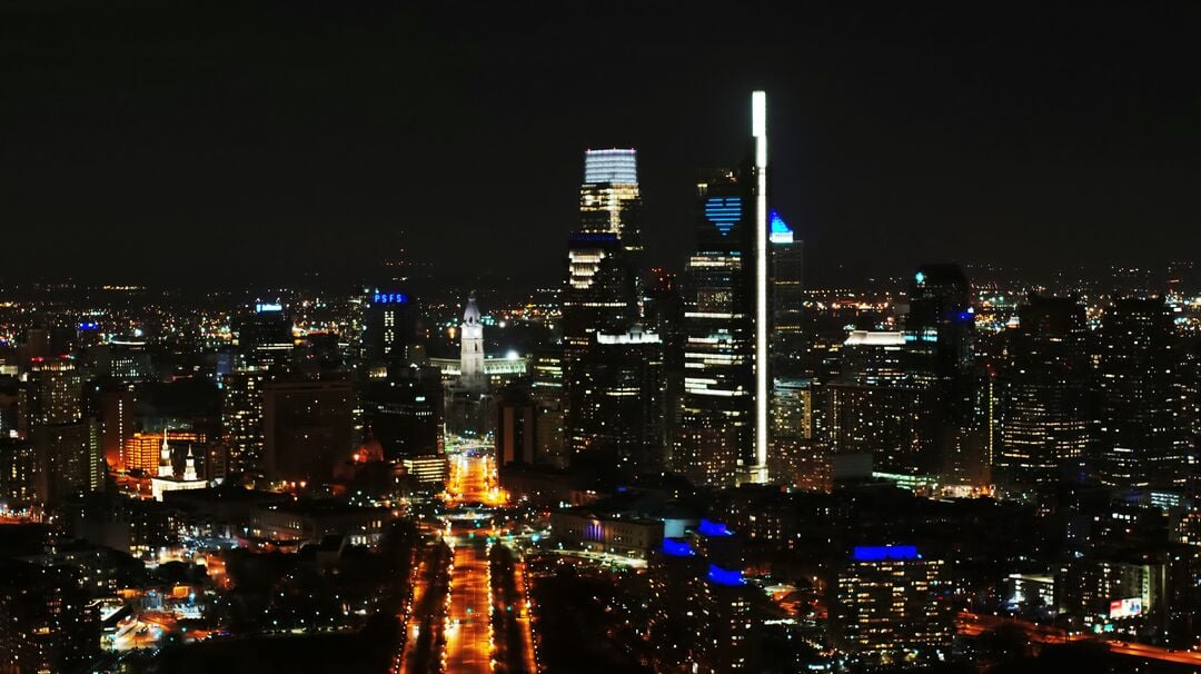 Philly Shines Blue, Skyline with City Hall and Comcast Technology Center