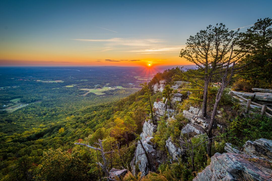 Sunset view from Little Pinnacle Overlook at Pilot Mountain State Park, North Carolina.