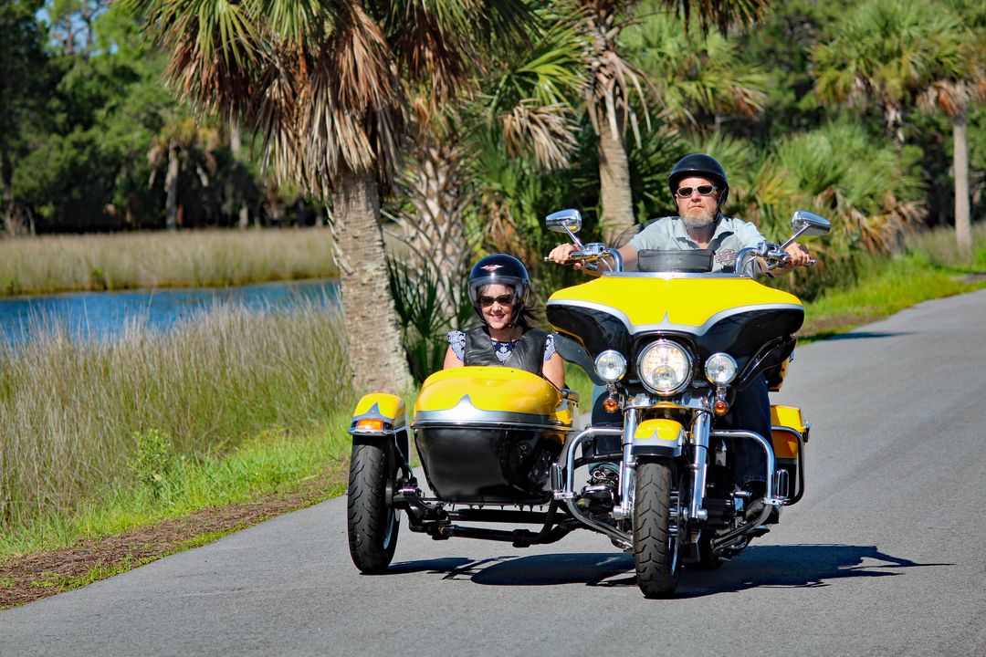 Couple Yellow Harley sidecar