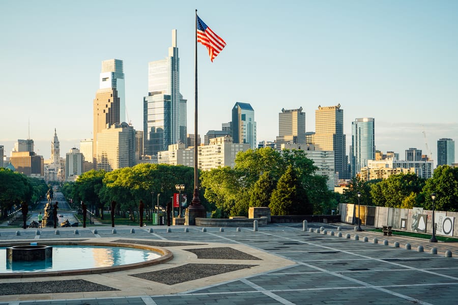 Courtyard of the Philadelphia Museum of Art during sunrise photo credit Kyle Huff for PHLCVB