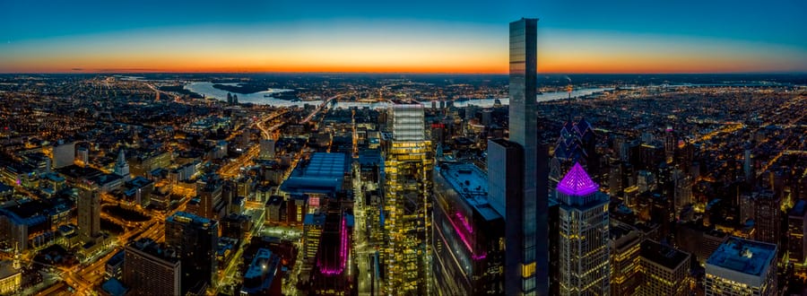 Aerial shot among the Center City skyscrapers,Comcast Center photo credit Nick Lang for PHLCVB