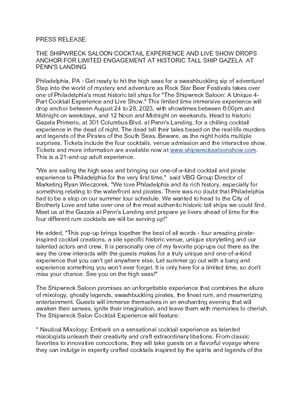 SHIPWRECK SALOON PRESS RELEASE